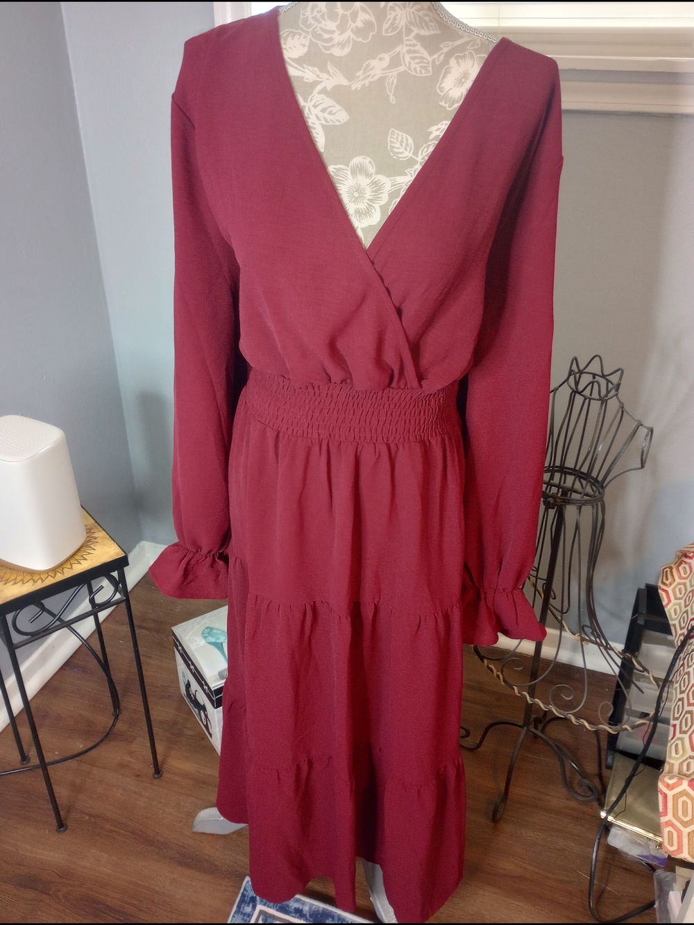 2 For $10 Women's Deep Red Long Sleeve Tiered Midi Dress